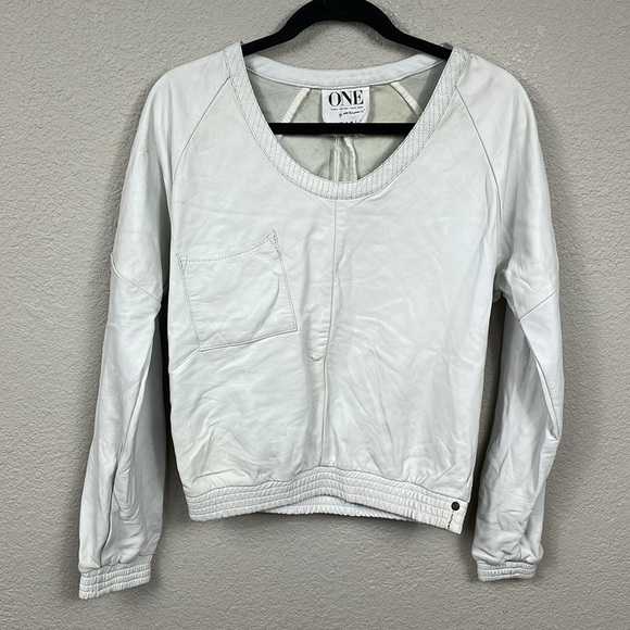 NWT One Teaspoon Super Moto Leather Crewneck Sweatshirt Ivory White Sz XS - Picture 1 of 16